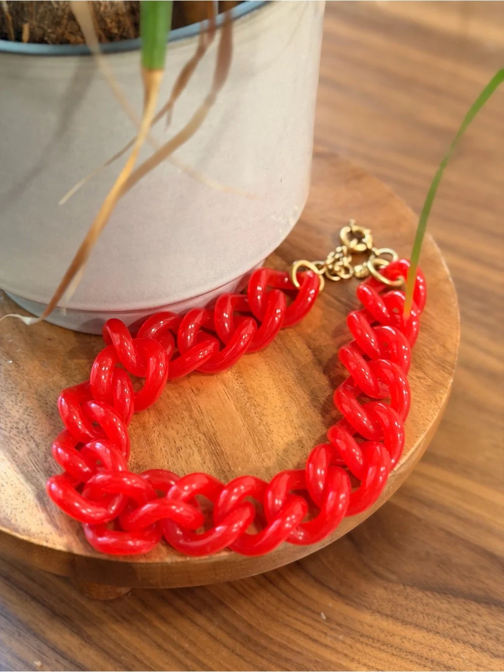 J. Crew Chunky Acrylic Style Necklace W/ Red Links Gold Tone Statement Large